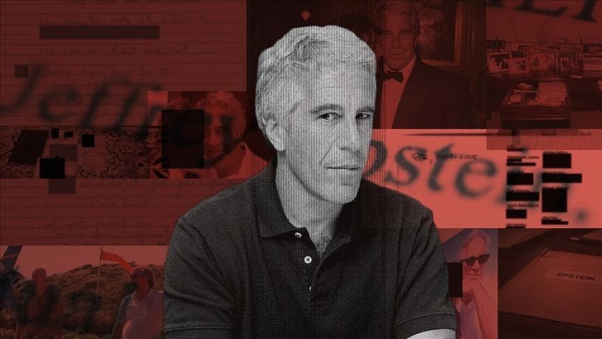 Portrait of Jeffrey Epstein displayed over a collage of released case files and investigative documents