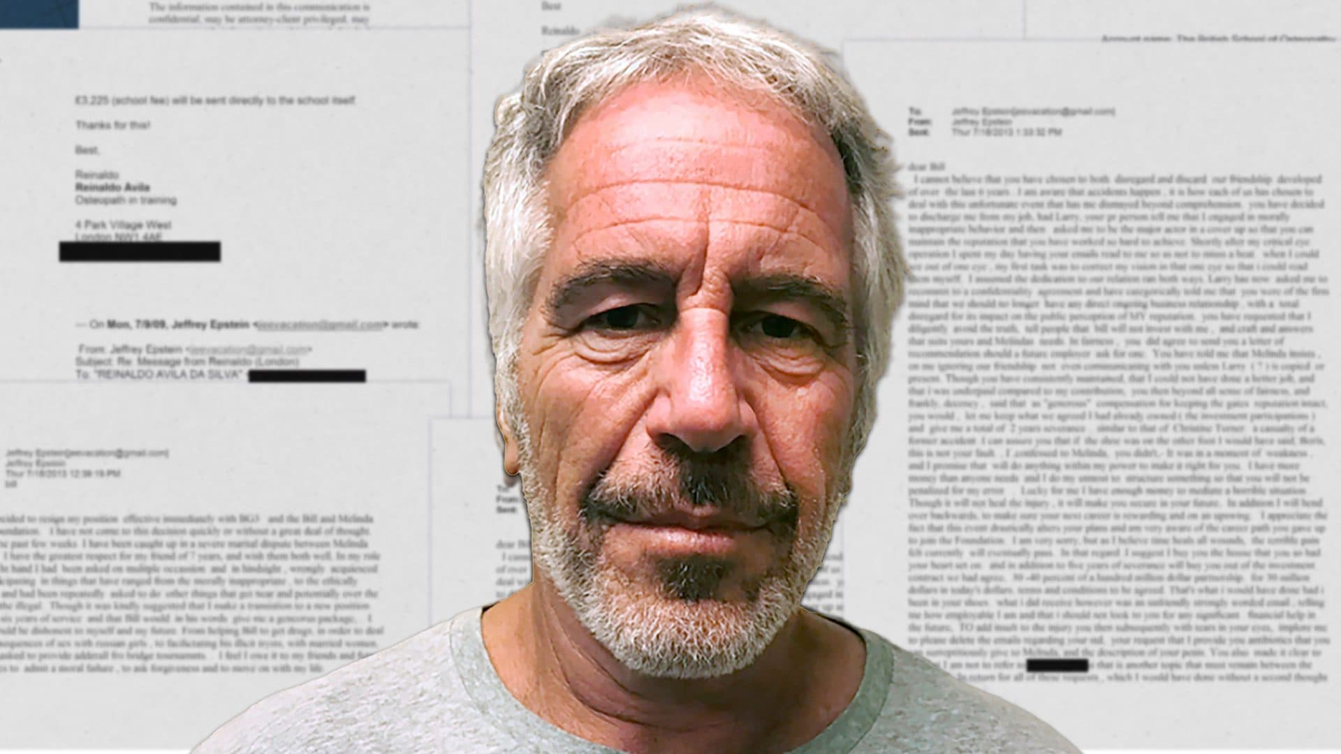 Jeffrey Epstein pictured in front of released email correspondence from the Epstein files, with redacted passages